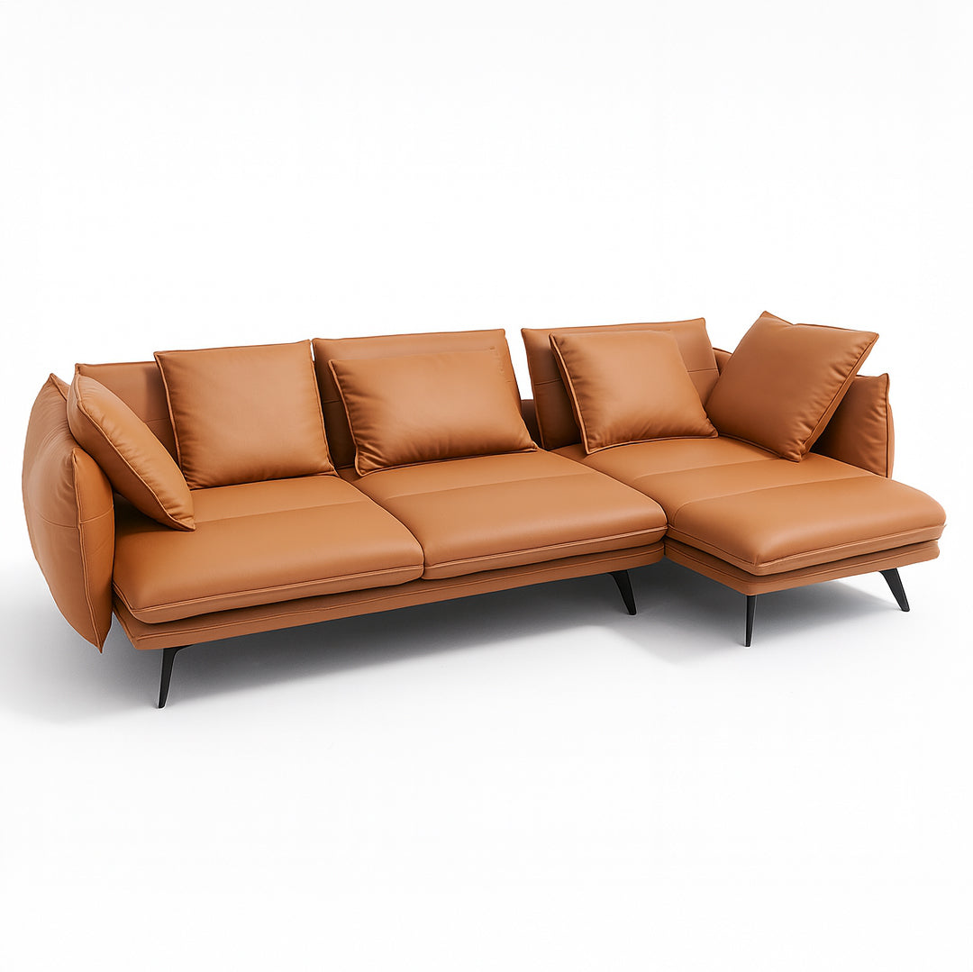 ELIANO Modern Pecan Brown Leather Sectional Sofa with Chaise