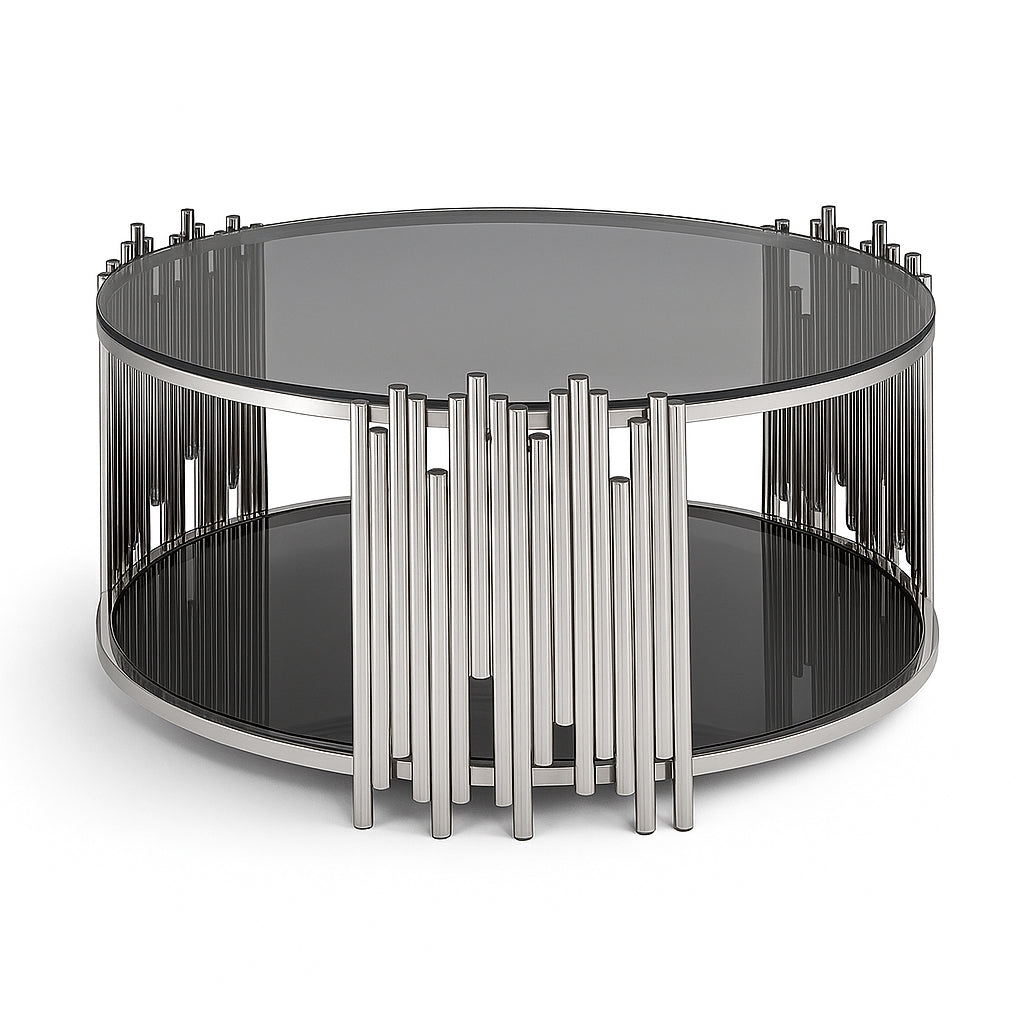 CAELEN Round Coffee Table with Glass & Steel Base