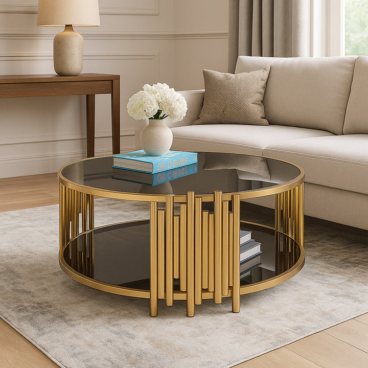 CAELEN Round Coffee Table with Glass & Steel Base