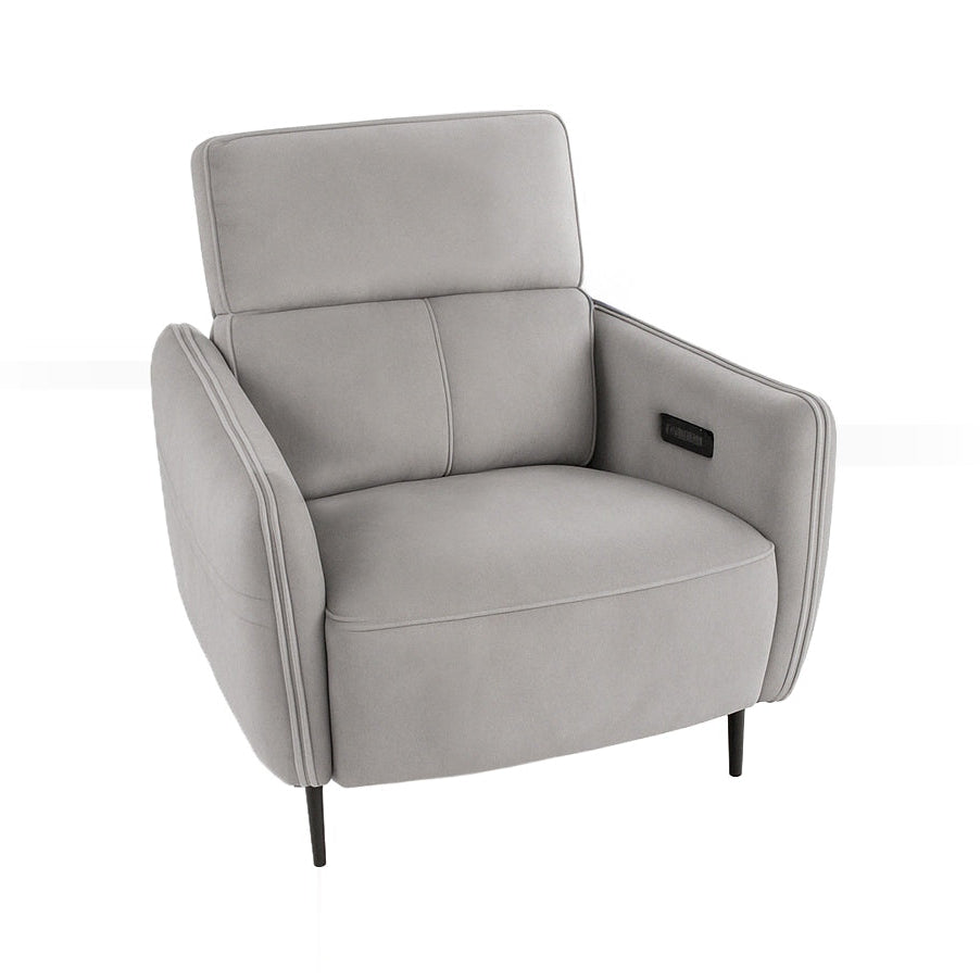A gray upholstered armchair with black legs isolated on a white background.