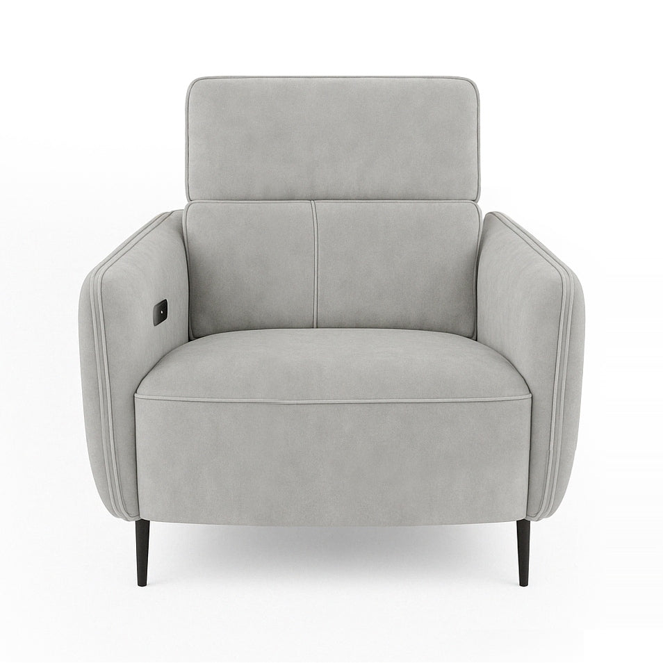 A light gray armchair with black legs is centered on a white background.