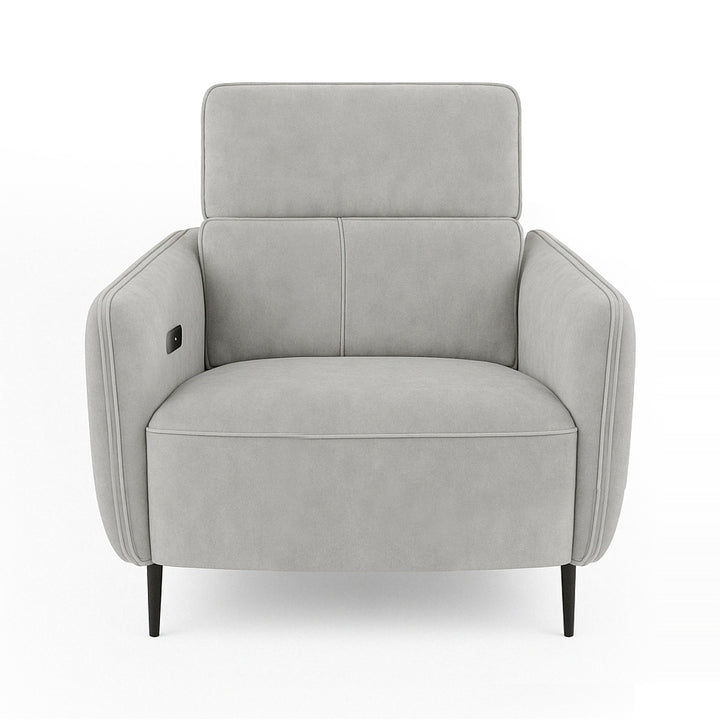 A light gray armchair with black legs is centered on a white background.