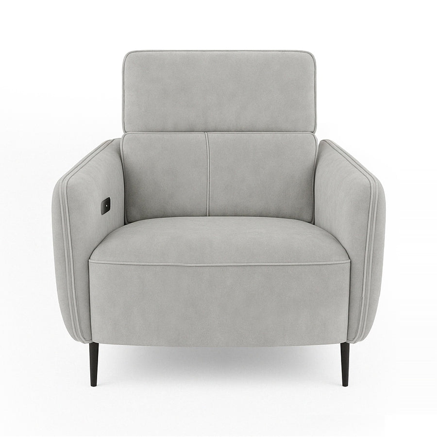 A light gray armchair with black legs is centered on a white background.