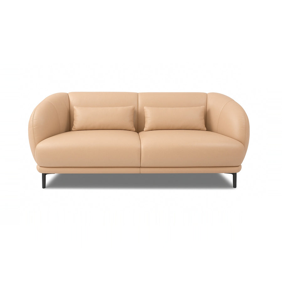 A beige two-seater sofa with pillows on a white background.