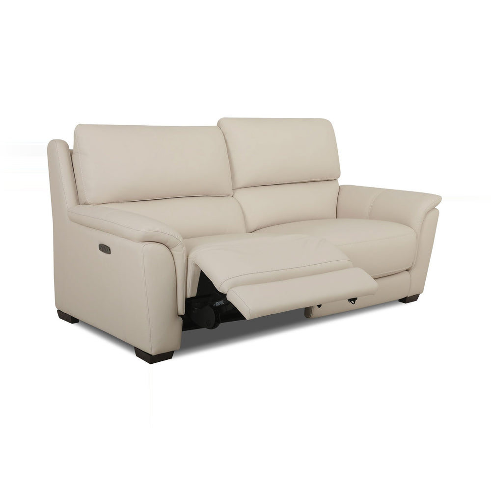 A cream-colored two-seater recliner sofa is displayed on a white background, with one recliner extended.
