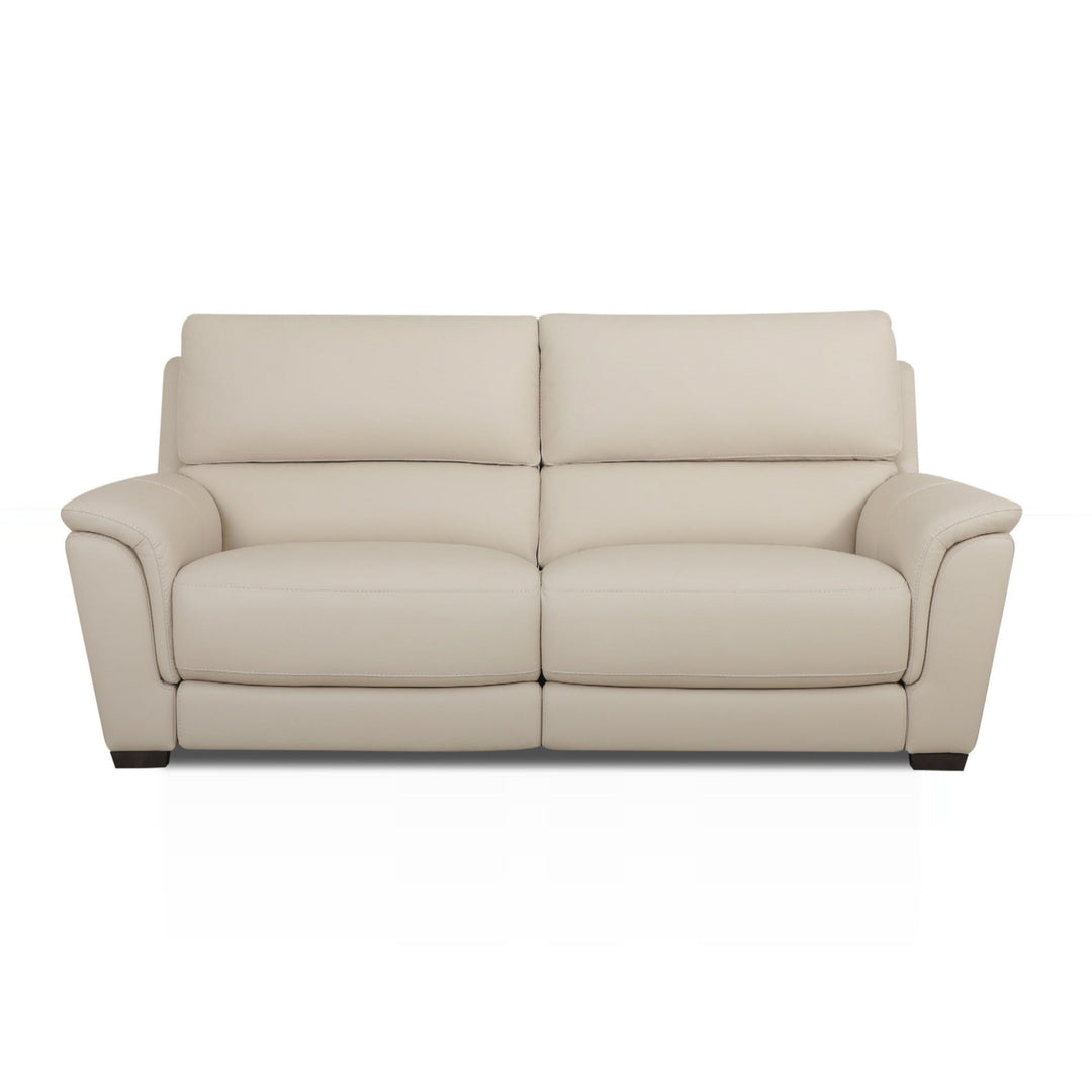 A beige leather sofa is displayed on a white background.