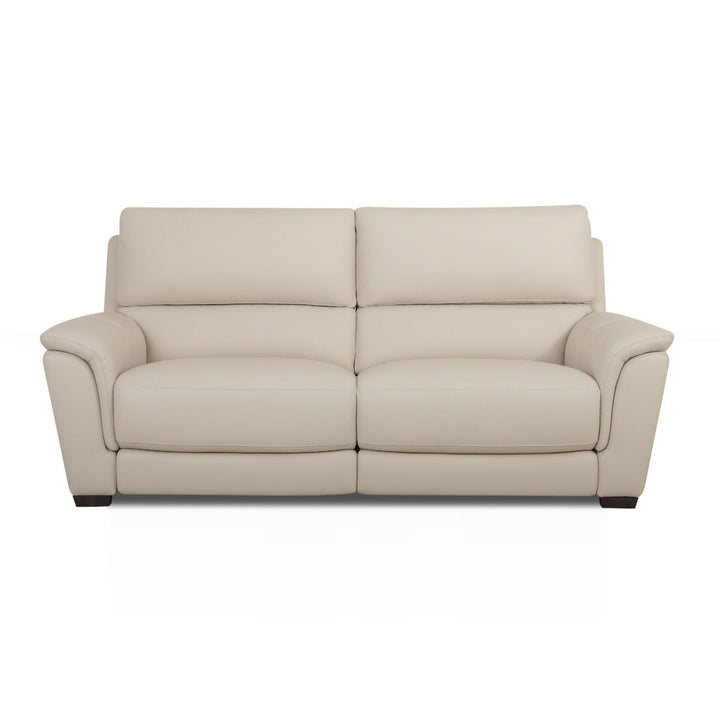 A beige leather sofa is displayed on a white background.
