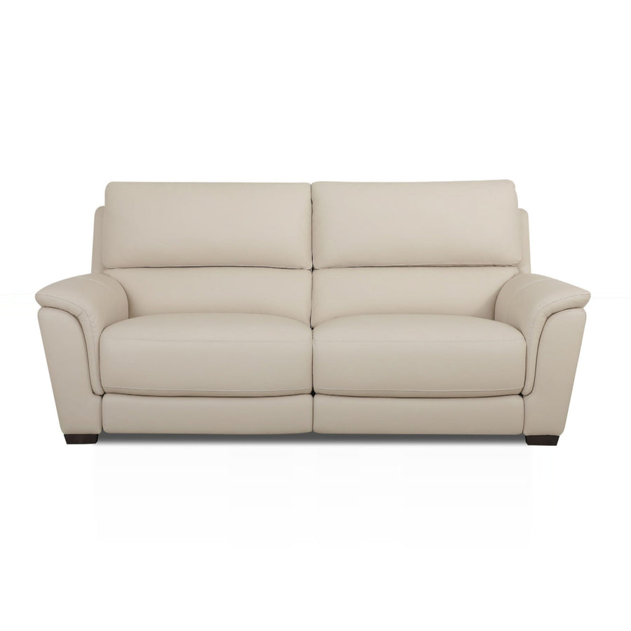 A beige leather sofa is displayed on a white background.