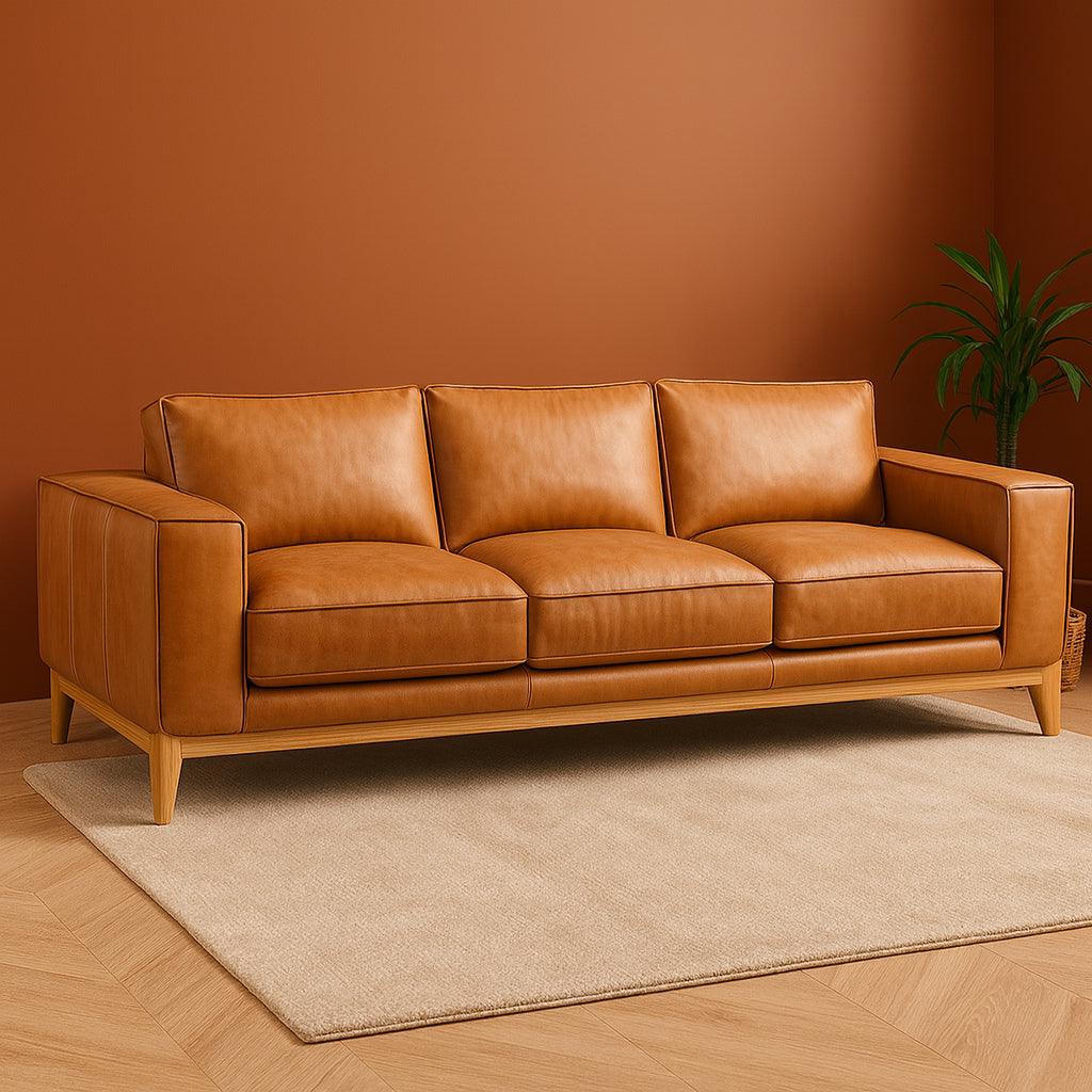 LEANDER Mid-Century Modern Cognac Leather Sofa 3-Seater