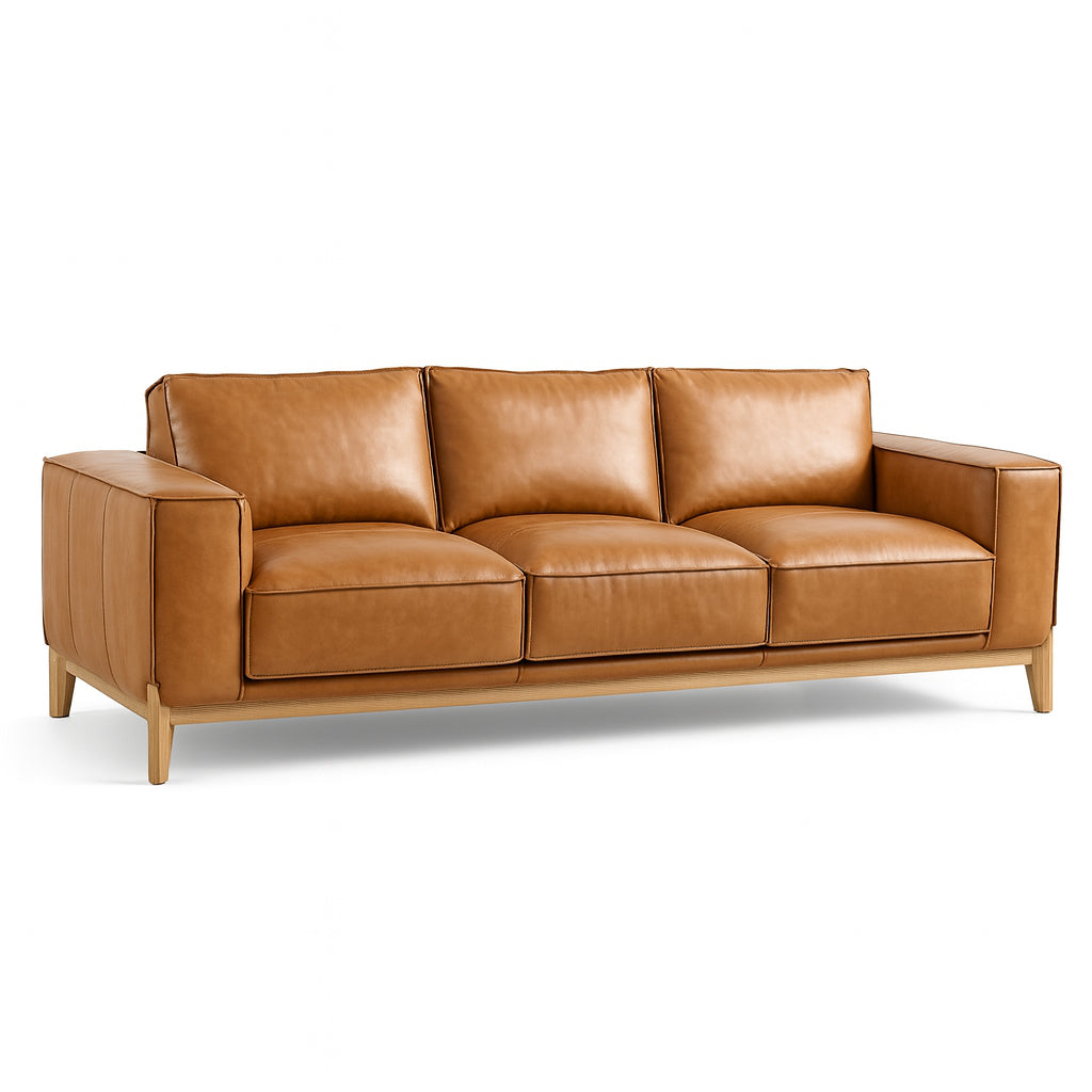 LEANDER Mid-Century Modern Cognac Leather Sofa 3-Seater