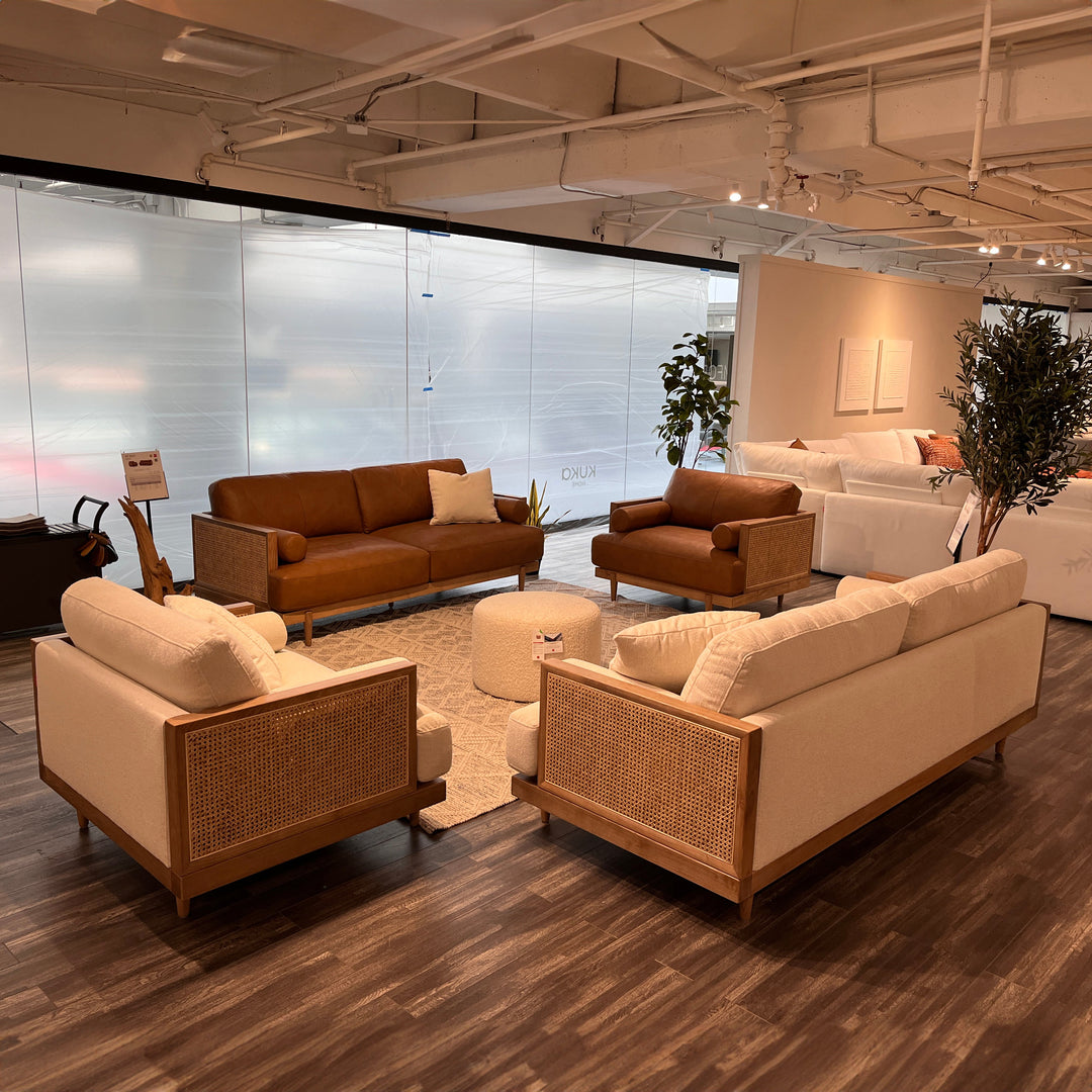 ELEANOR White Fabric Rattan Sectional Sofa