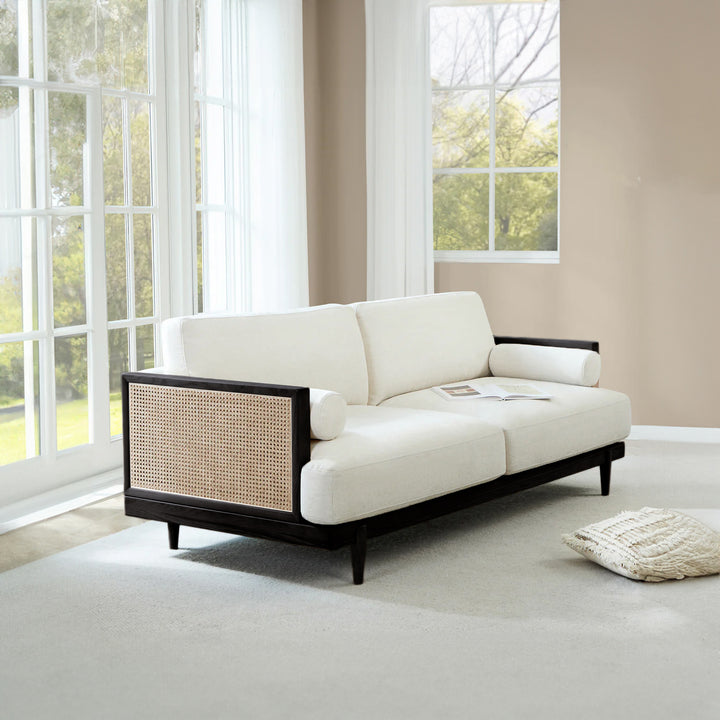 ELEANOR White Fabric Rattan Sofa