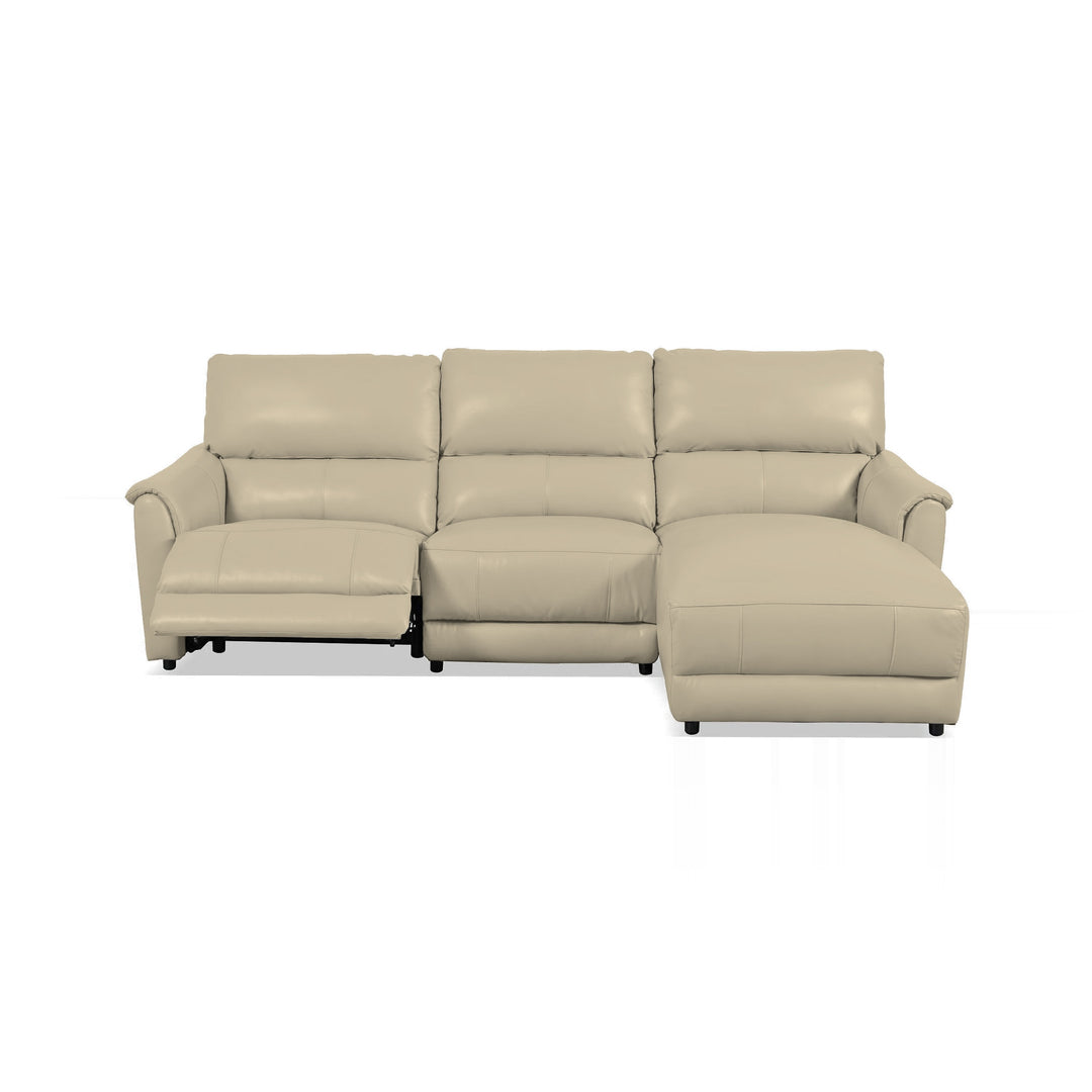A beige sectional sofa with a recliner, photographed on a white background.