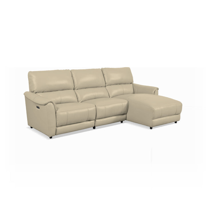 A beige reclining sofa with a chaise lounge extension is displayed on a white background.