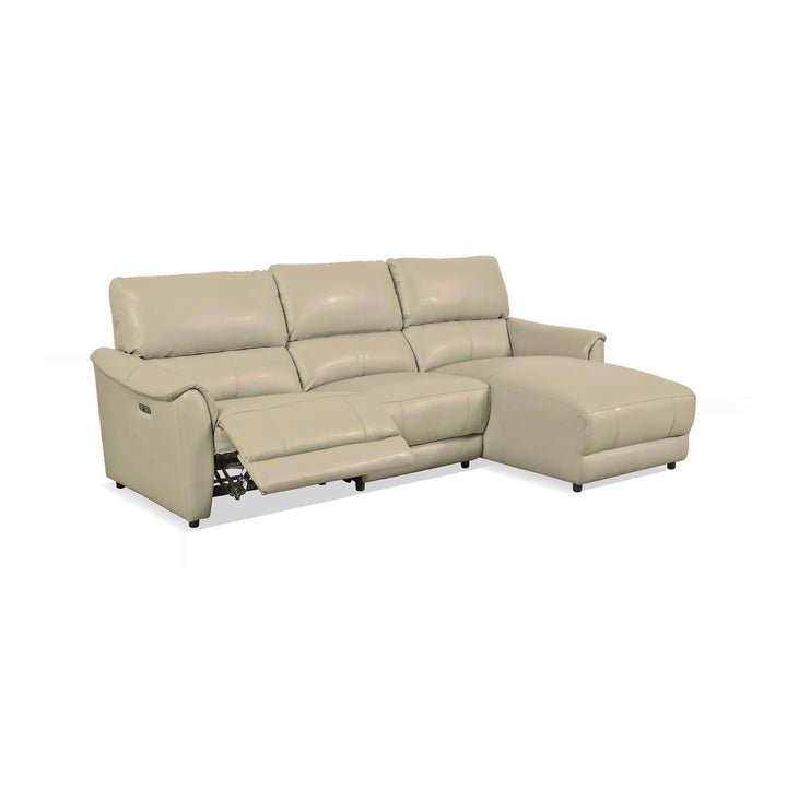 A beige leather reclining sectional sofa with a chaise lounge is displayed against a white background. One of the reclining seats is extended.