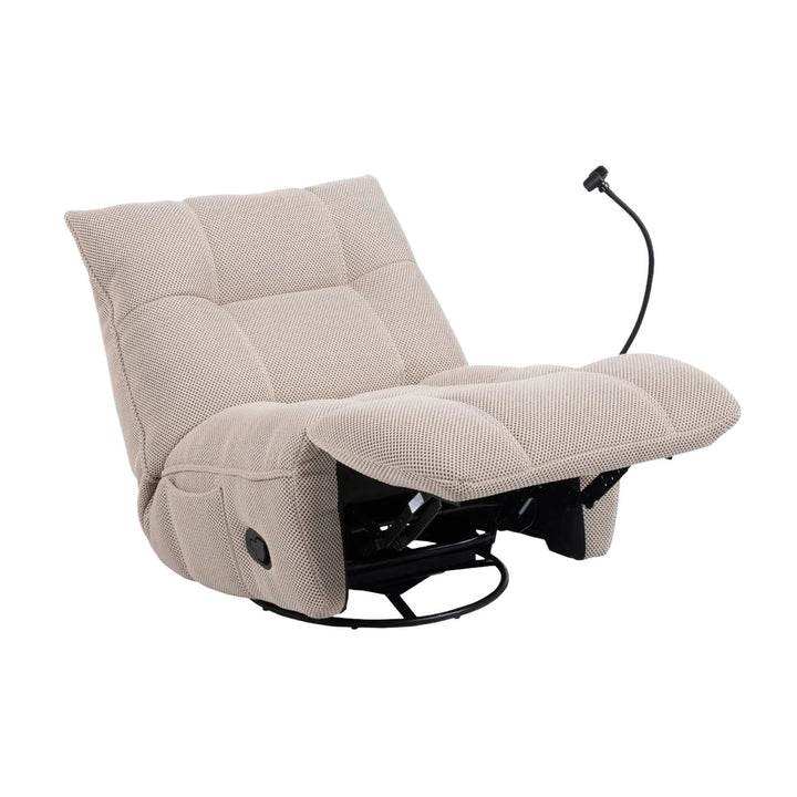 A fabric sofa chair in cement beige color, shown on a white background. The chair is reclined and has a unique headrest and footrest design, with a black curved support attached.