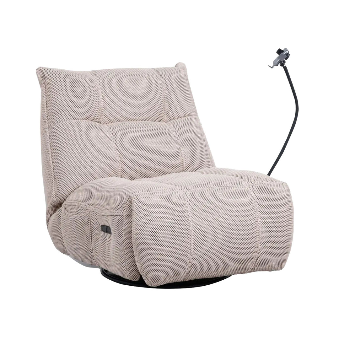 A sofa chair on a white background, featuring a cement beige fabric with a textured appearance. The chair is styled in a modern design with a swivel base. There is a cell phone holder.