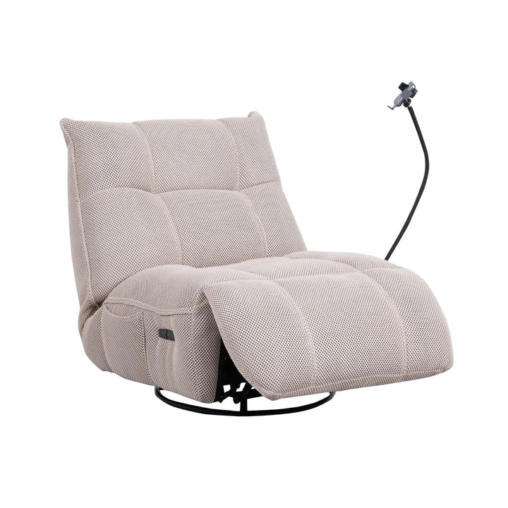 A cement beige fabric sofa chair on a white background with a black flexible arm. The chair has a padded, tufted design and a reclining feature.