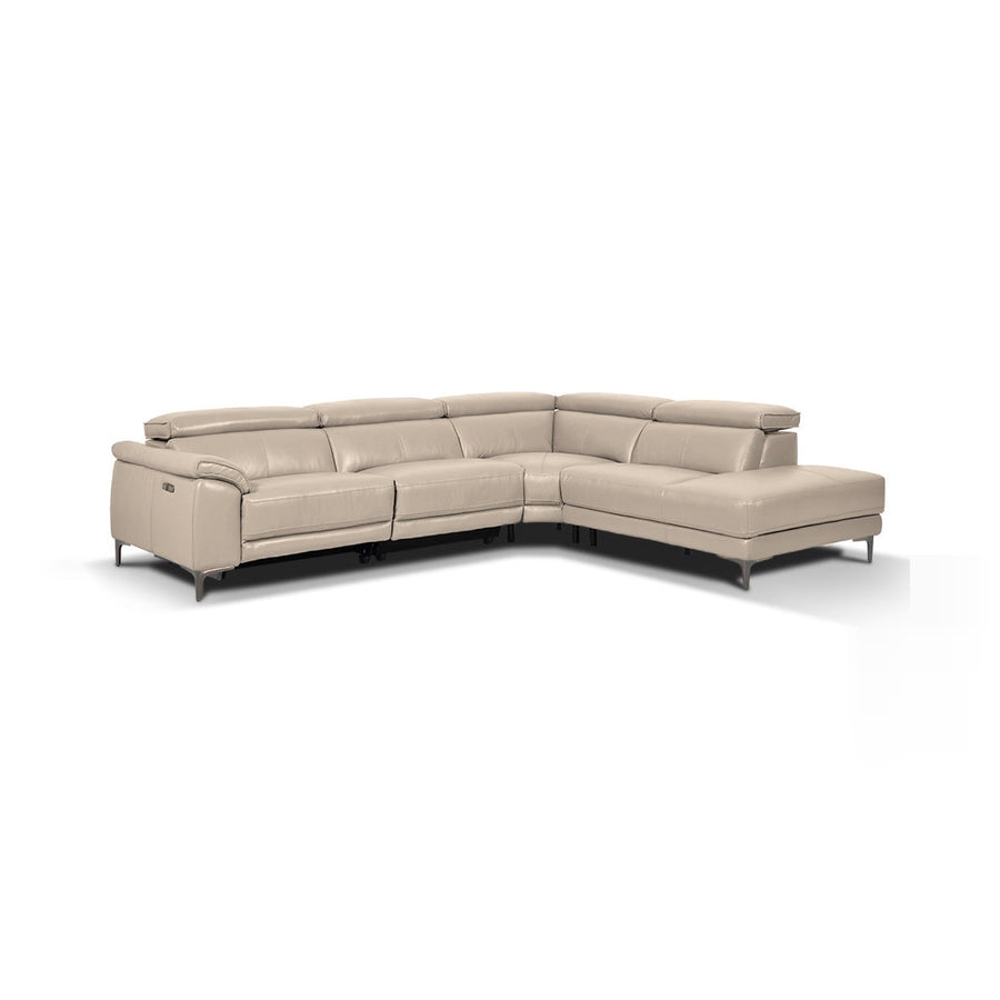A light beige leather reclining sectional sofa with a chaise is displayed against a stark white background. The sofa features adjustable headrests and sleek metal legs.