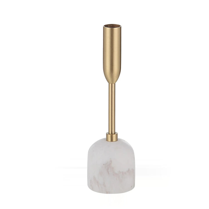 A white and gold candle holder, featuring a marble-patterned base and a metallic gold candle support, is displayed against a white background.
