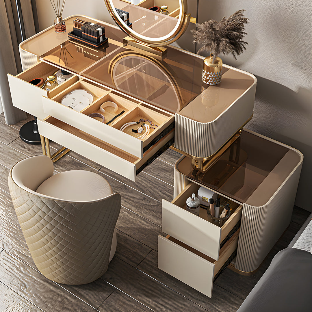 VIRELLE Glam Makeup Table with Glass Top Drawers