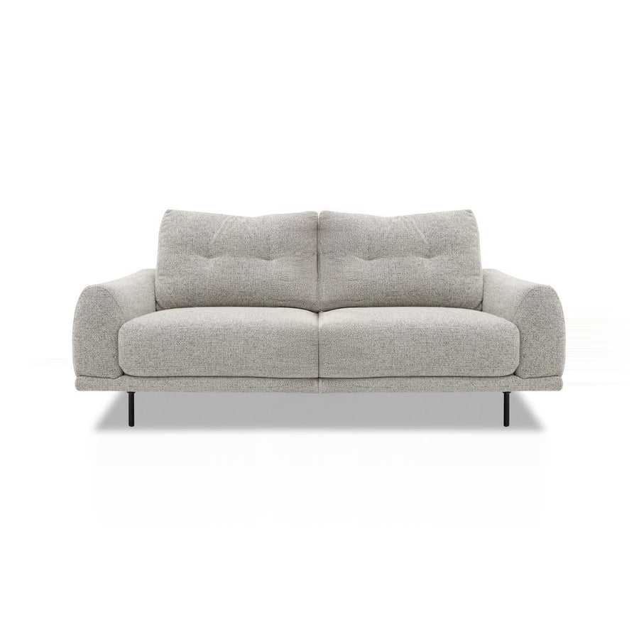 A light gray two-seater sofa with black legs is shown against a white background.
