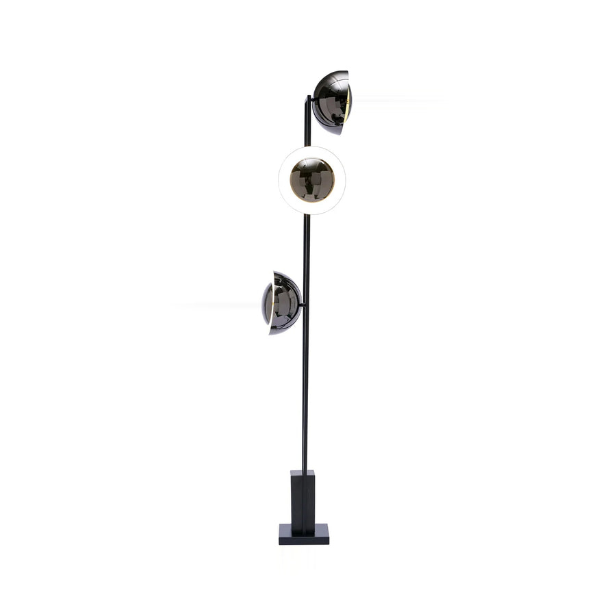 A black floor lamp with three mirrored, semi-spherical shades and a square base, isolated against a white background.