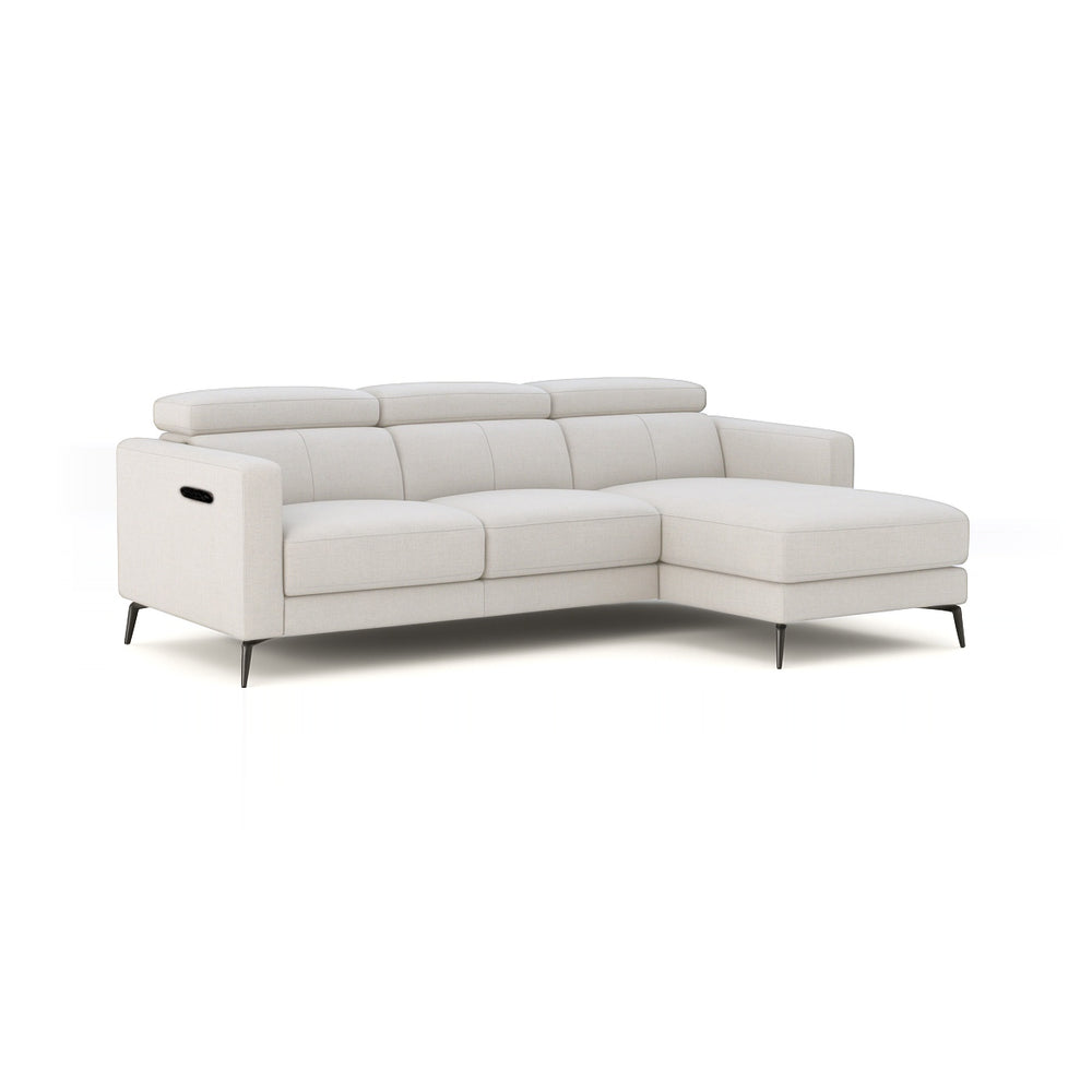 A modern white sectional sofa with a chaise lounge is displayed on a white background.