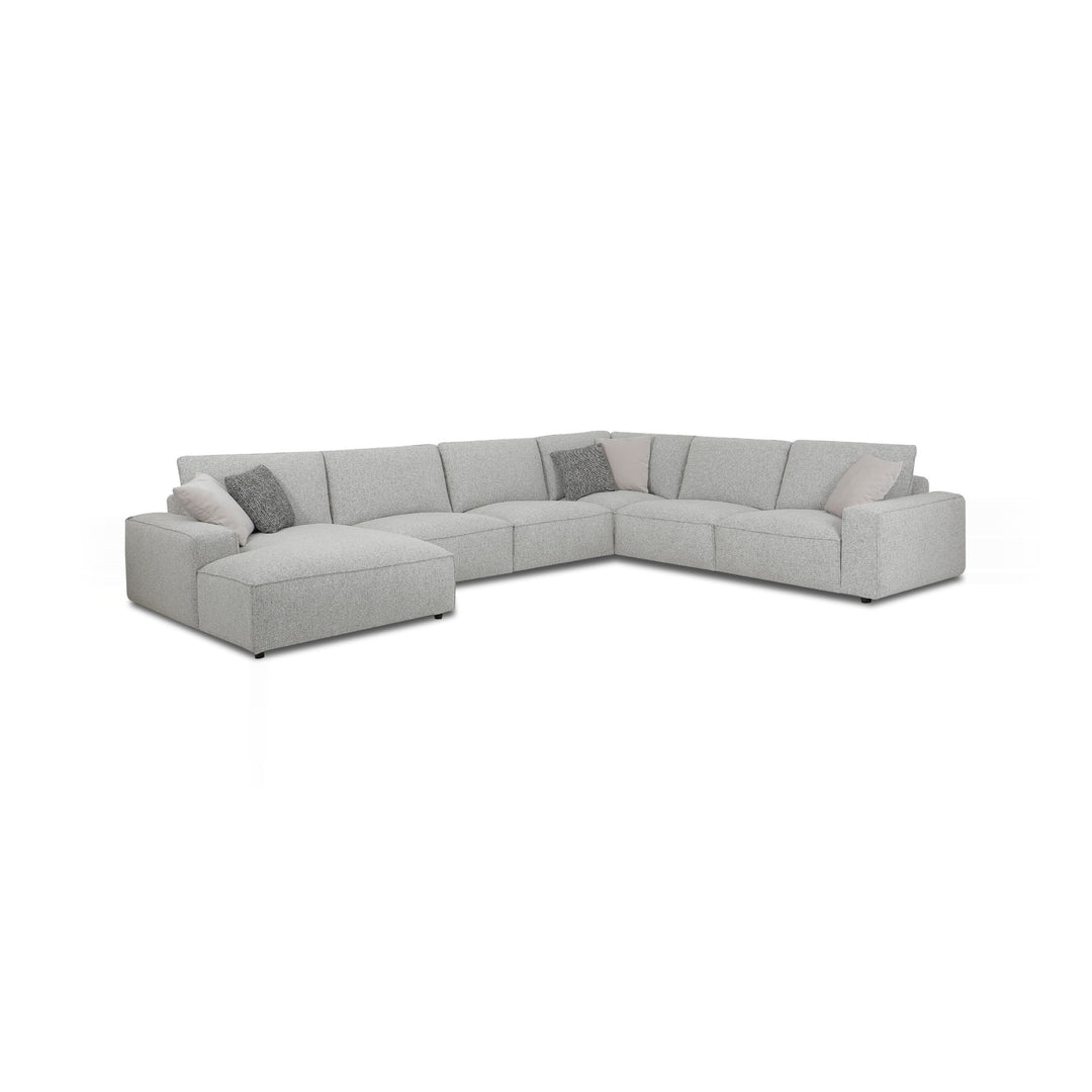 Large sectional sofa with light gray upholstery and decorative pillows on a white background.