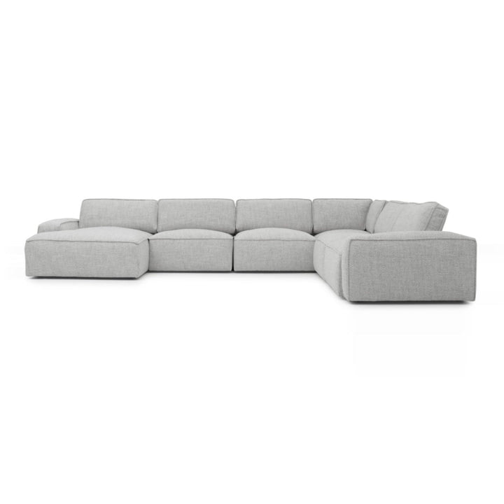 Modular sectional sofa with light gray upholstery on a white background.