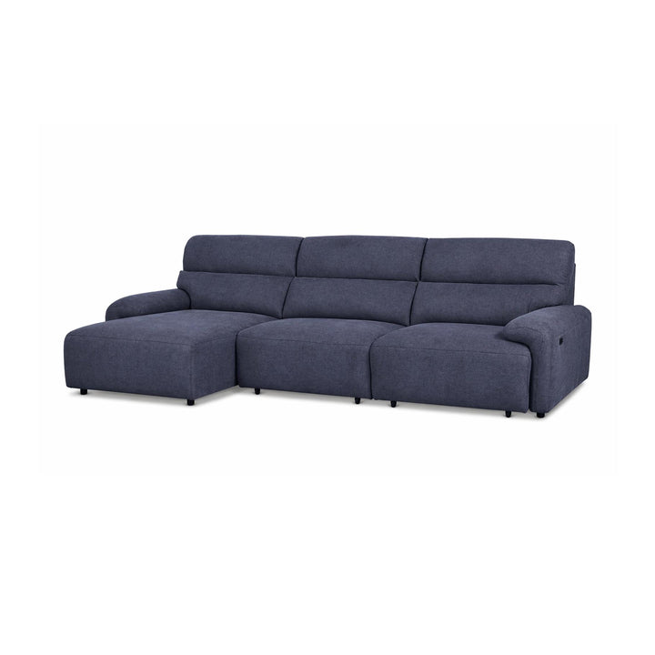 Plush navy blue sectional sofa featuring a left-side chaise lounge and wide armrests.