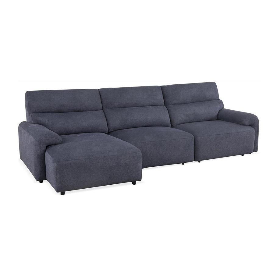 Dark blue fabric sofa with a left chaise lounge and segmented back cushions.