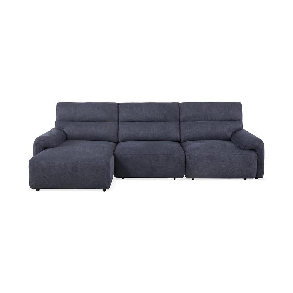 Dark blue three-seater sofa with a left-side chaise lounge, plush fabric upholstery, and rounded armrests.