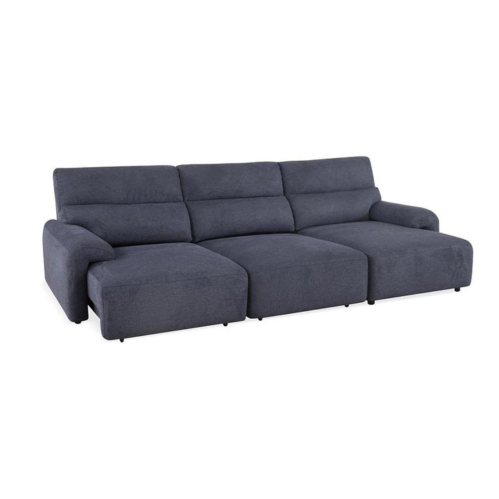 Dark grey fabric sectional sofa with a left-side chaise lounge and plush seat cushions.