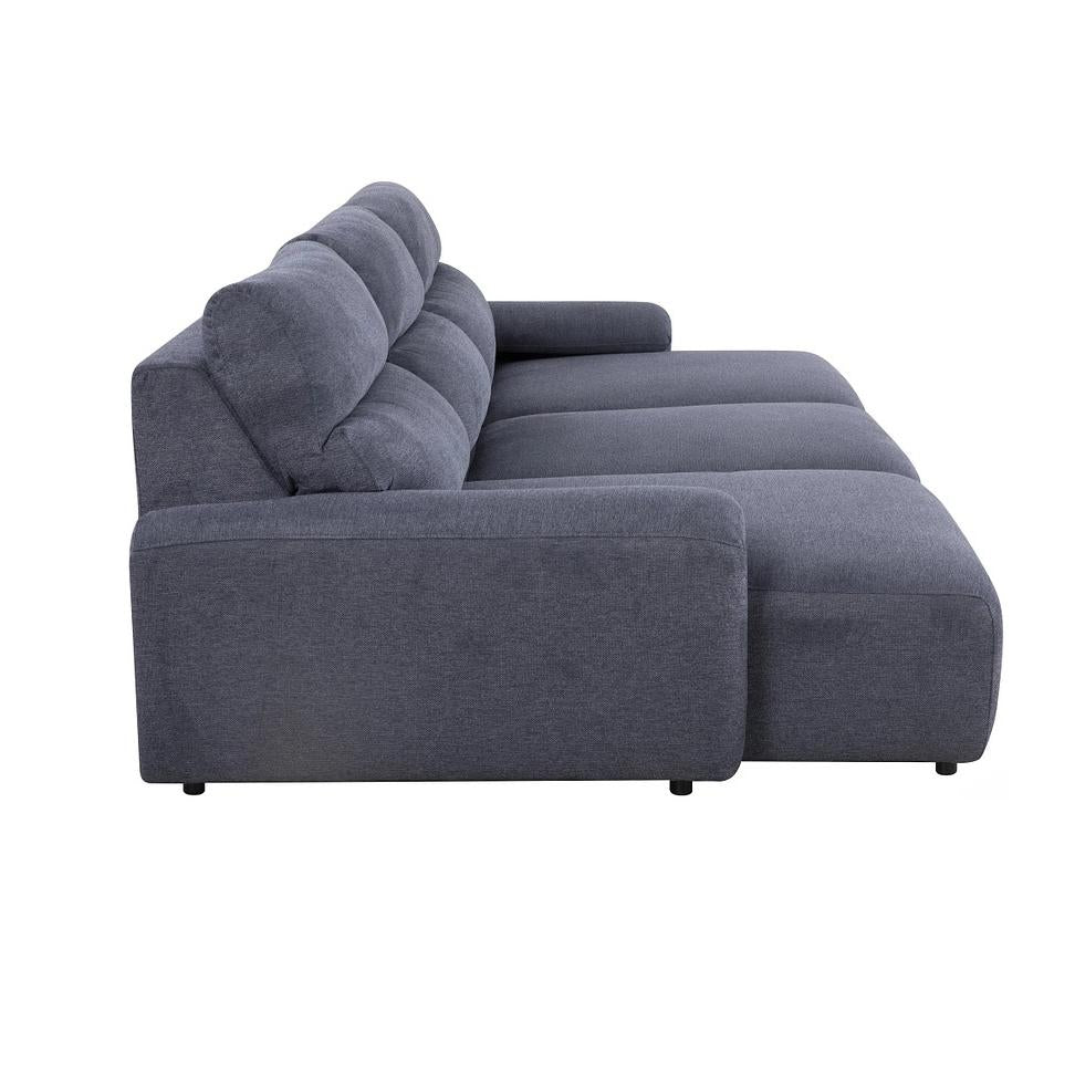 Side view of a dark grey fabric sofa bed with chaise, featuring plush segmented back cushions and a low modern frame.