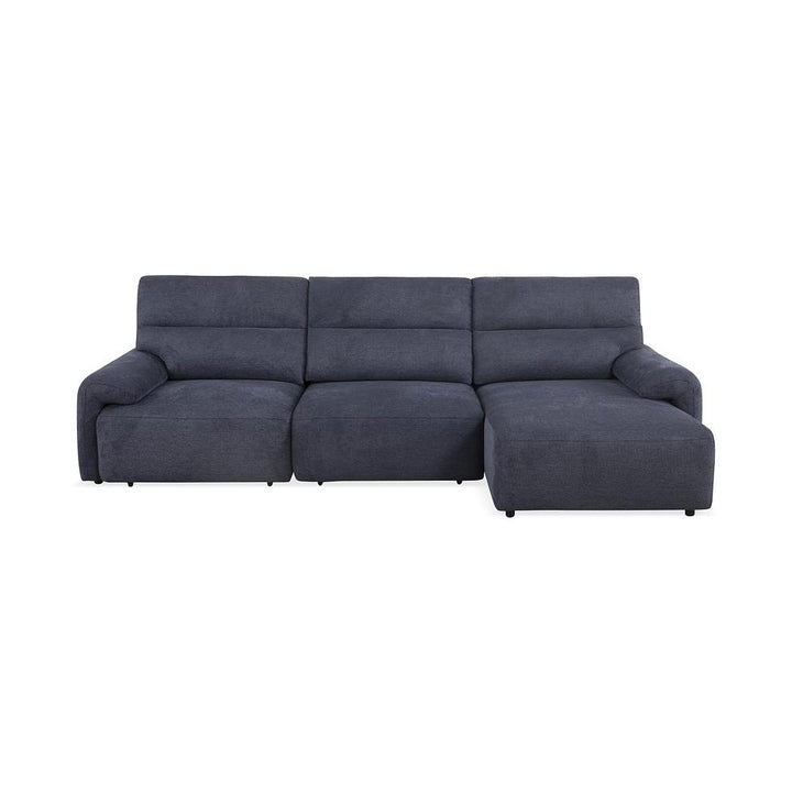 Dark grey fabric three-seater sofa with a chaise lounge on the right side.