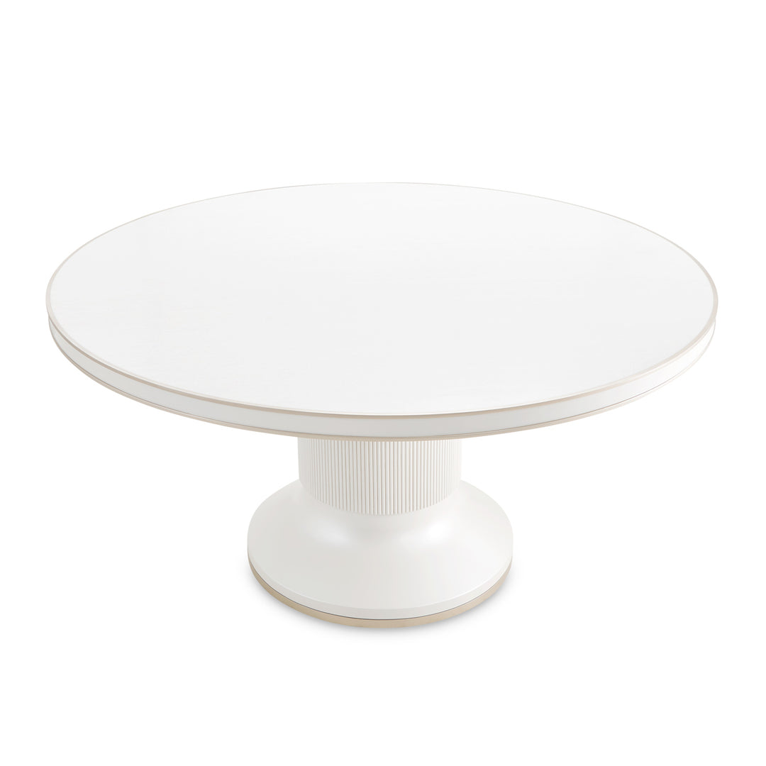 A white round table with a pedestal base is displayed against a white background.