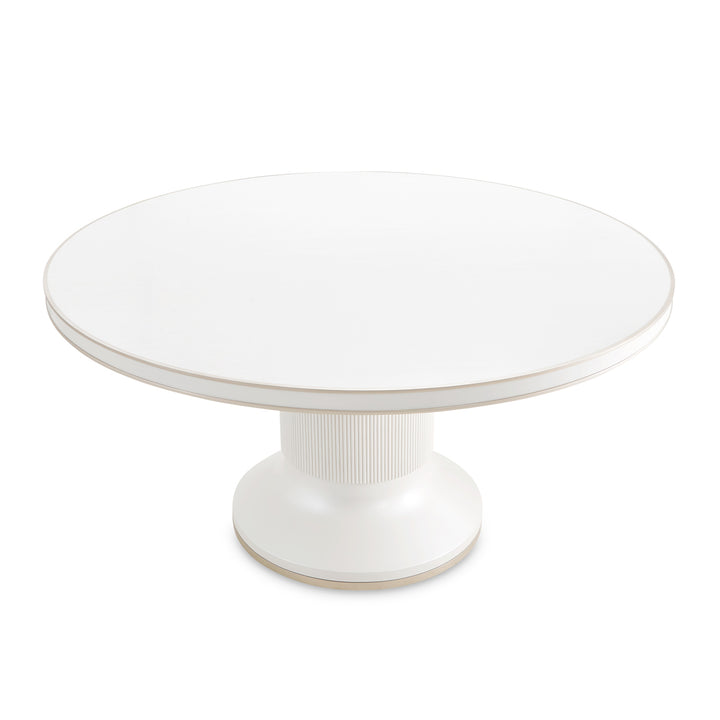 A white round table with a pedestal base is displayed against a white background.