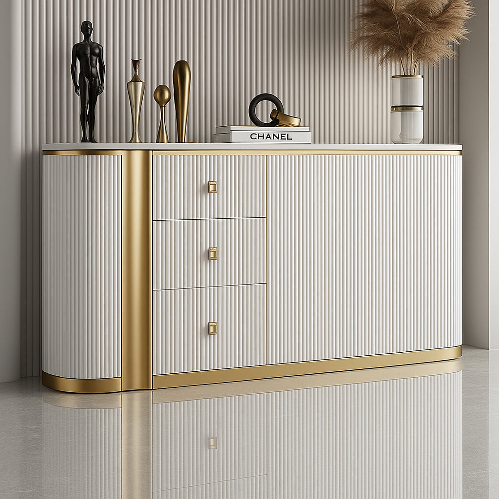 ODETTE Modern Beige & Gold Sideboard with Ceramic Top