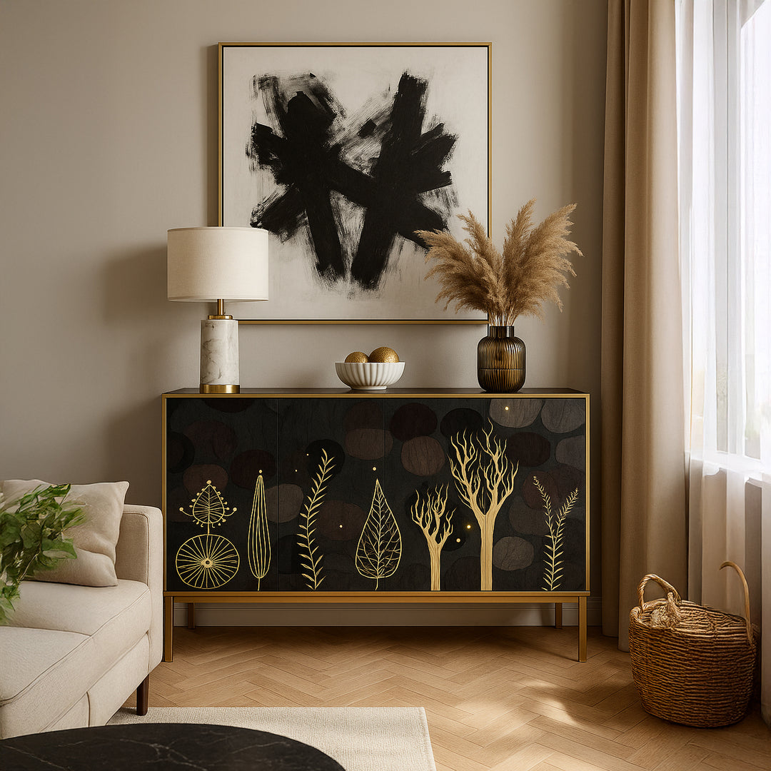 THALASSA Artistic Golden Botanical Black Sideboard