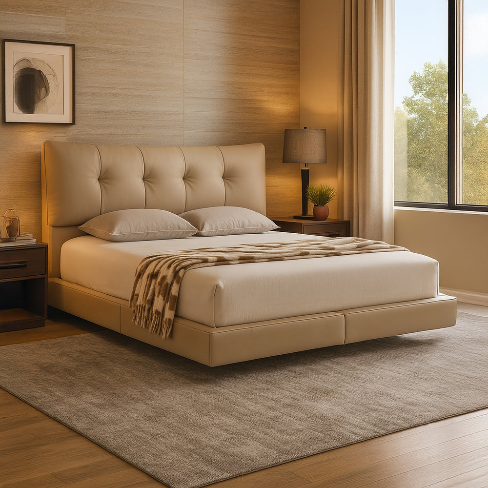 MAEVA Underlit Floating Beige Leather Platform Bed