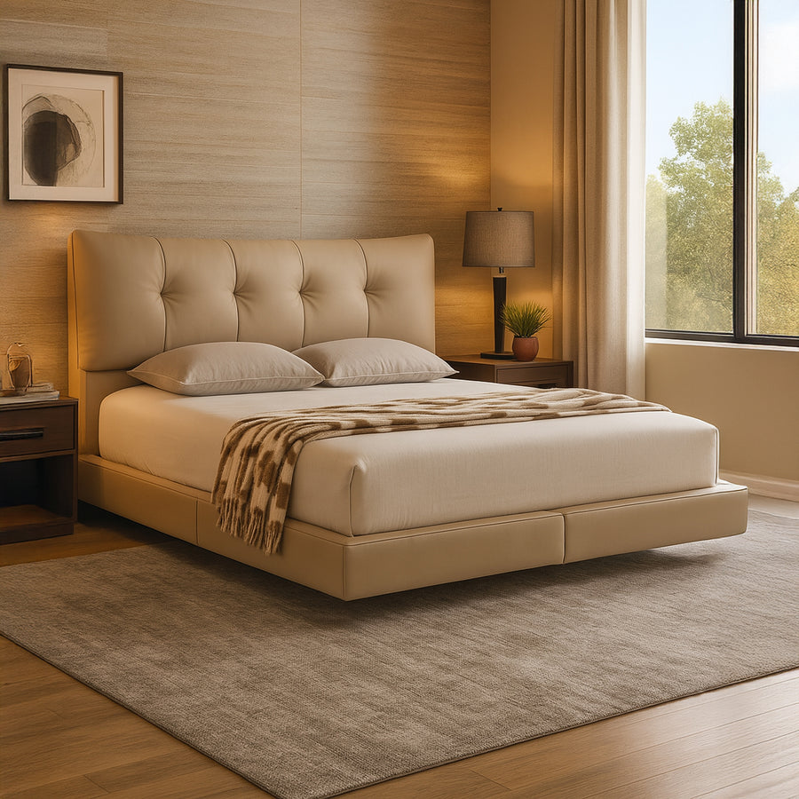 MAEVA Underlit Floating Beige Leatherette Platform Bed