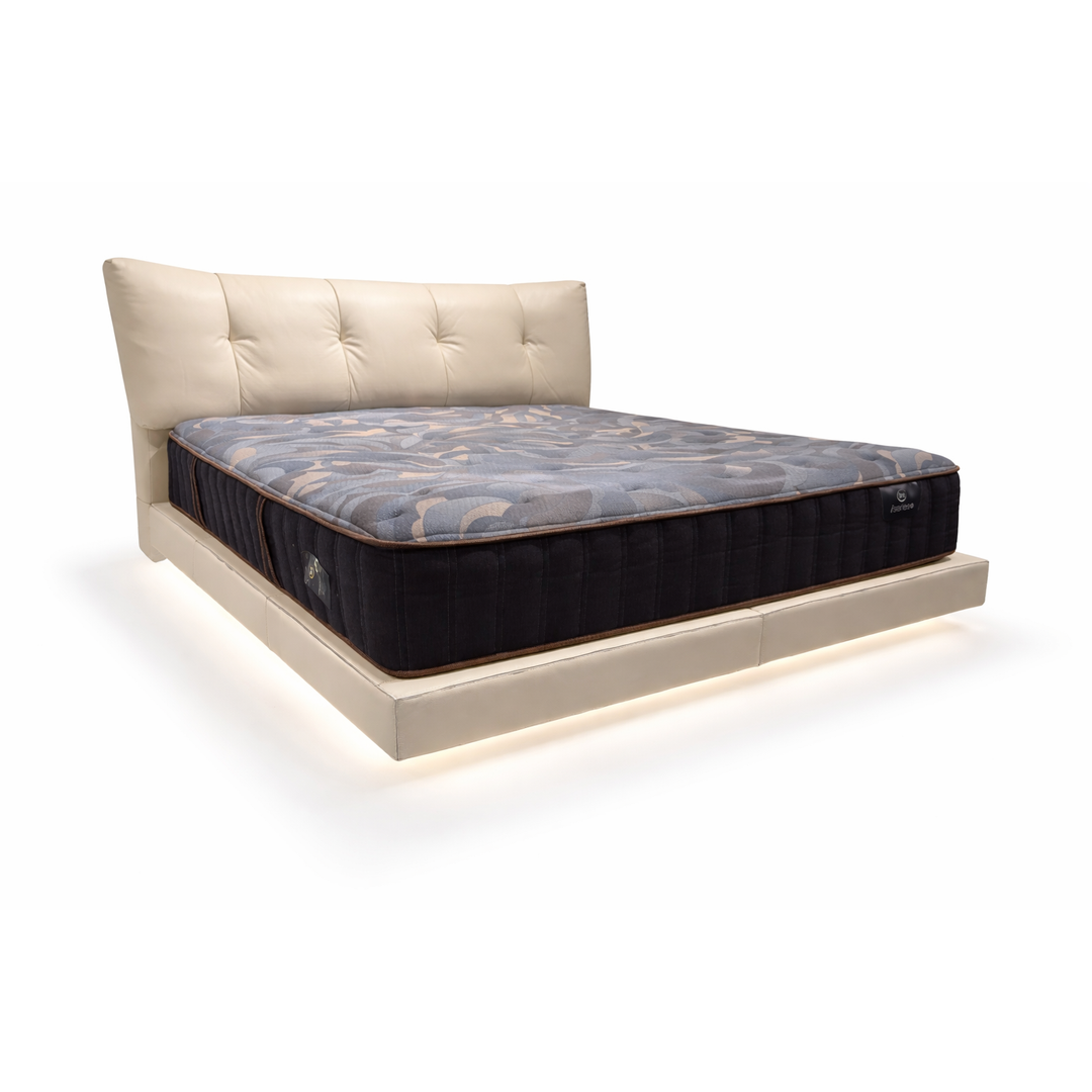 Beige tufted leatherette platform bed frame with integrated under-bed LED lighting