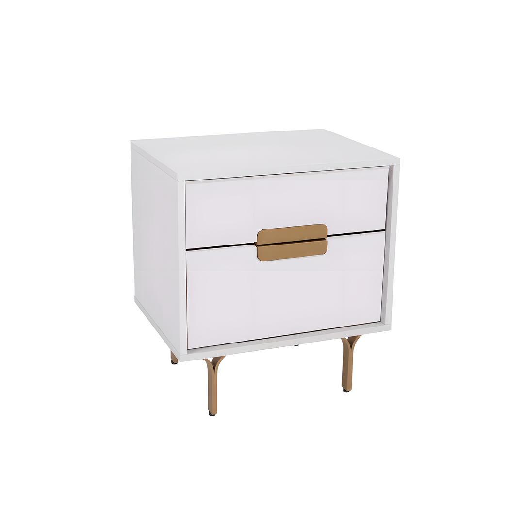 ADIN White 2-Drawer Nightstand: Sleek modern white 2-drawer nightstand with elegant gold handles and legs, featured at Home Quarters Furnishings in Vancouver.