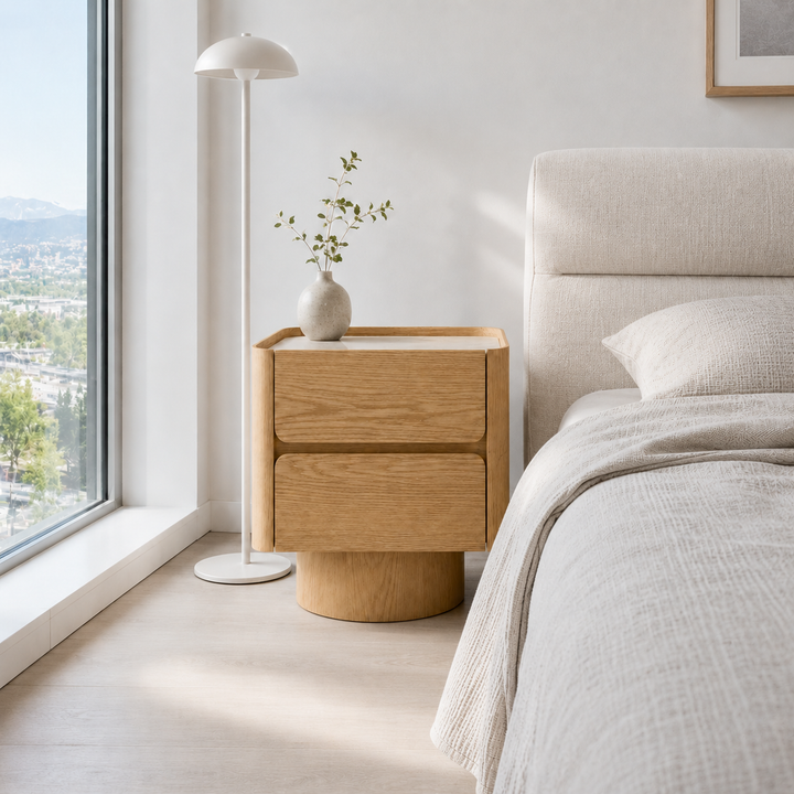 ULRIKA Oak Veneer Pedestal Nightstand