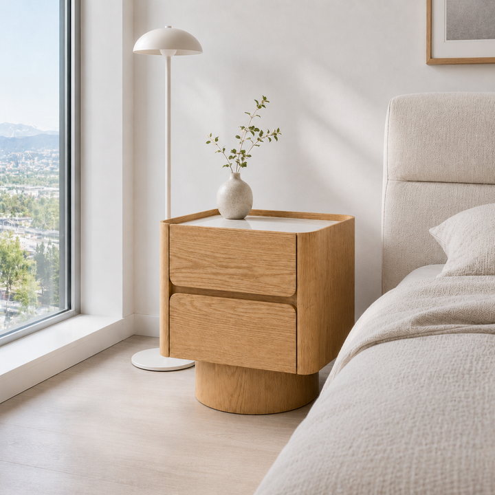 ULRIKA Oak Veneer Pedestal Nightstand