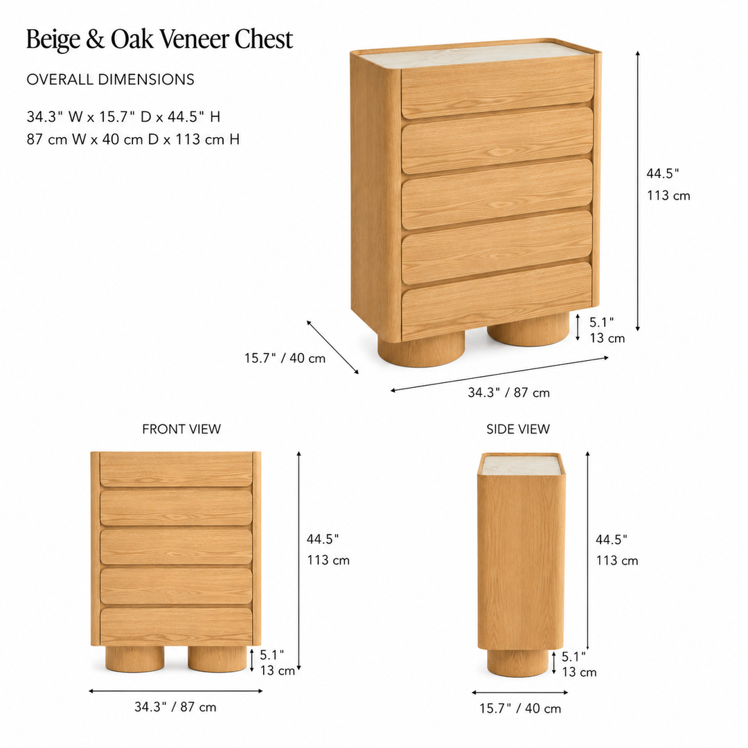 ULRIKA 5 Drawers Beige & Oak Veneer Chest