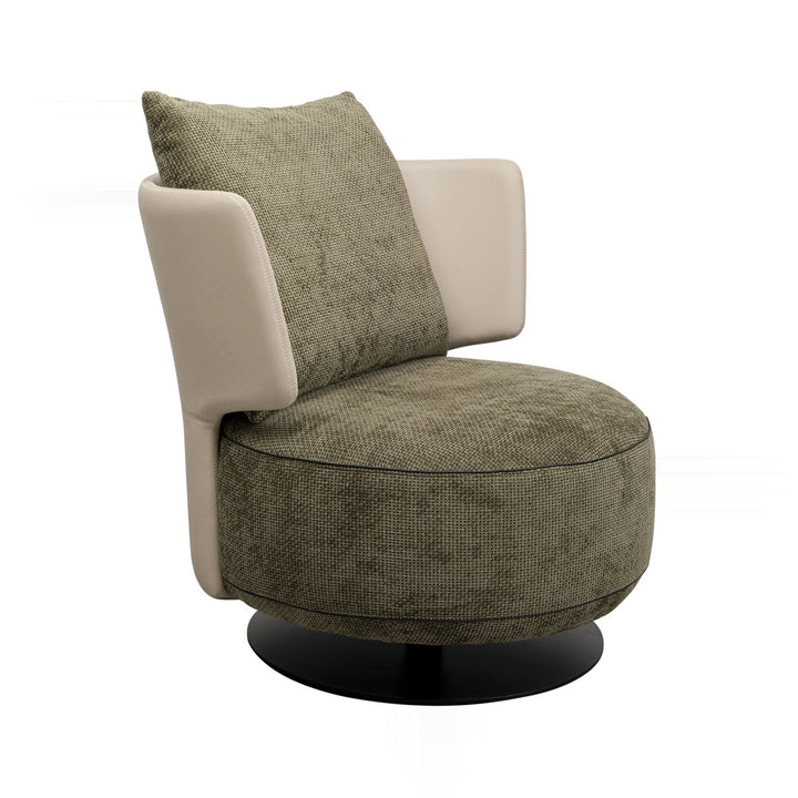 An accent chair with a rounded seat and backrest. The seat and pillow are made of a textured green fabric and the arms are cream-colored. It is on a black base, and is isolated on a white background.