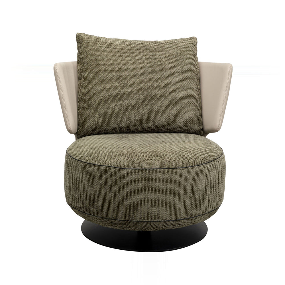 An accent chair on a white background. The chair has a green polyester fabric on the seat and back with cream-colored accents on the sides. The chair is shown against a white backdrop.