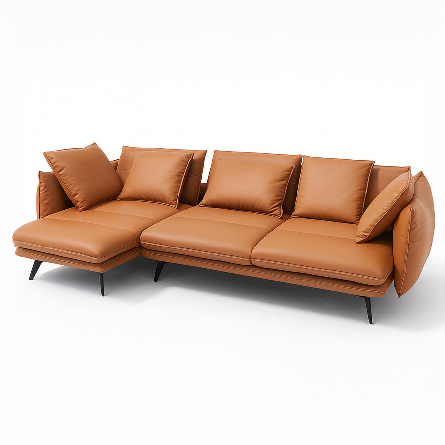 ELIANO Modern Pecan Brown Leather Sectional Sofa with Chaise